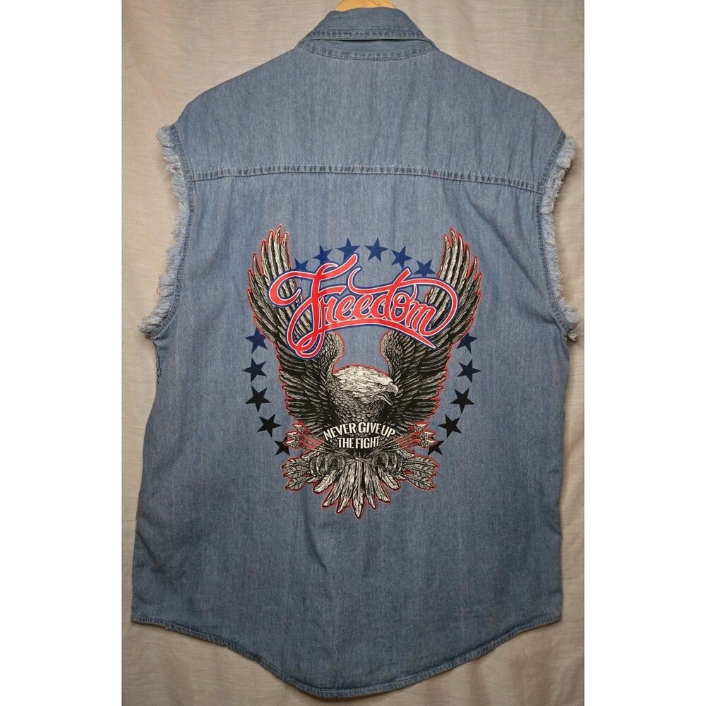Hot Leather Mens American Eagle Stars And Freedom Sleevless Denim Shirt XL